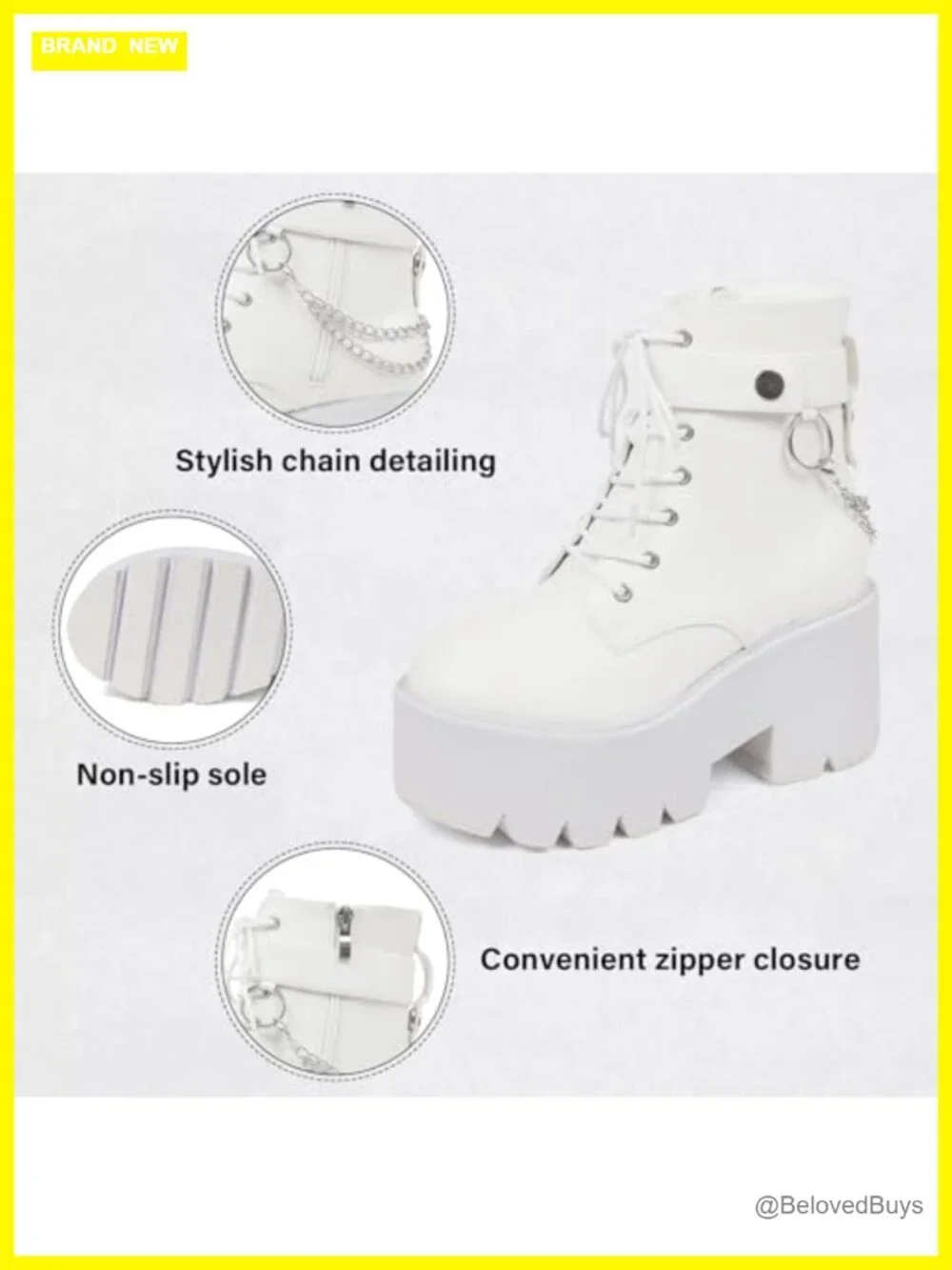Platform Ankle Boots with Punk Chain, Wedge Heel, Lace Up & Side Zipper, Faux